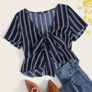Tie-Front Self-Tie Navy Blue and White Striped Cropped Peplum Top NWOT